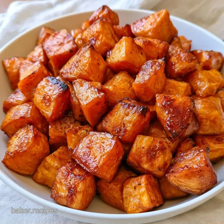 Vibrant orange roasted cubes artfully plated on a matte dark dish with a drizzle of glossy balsamic glaze.