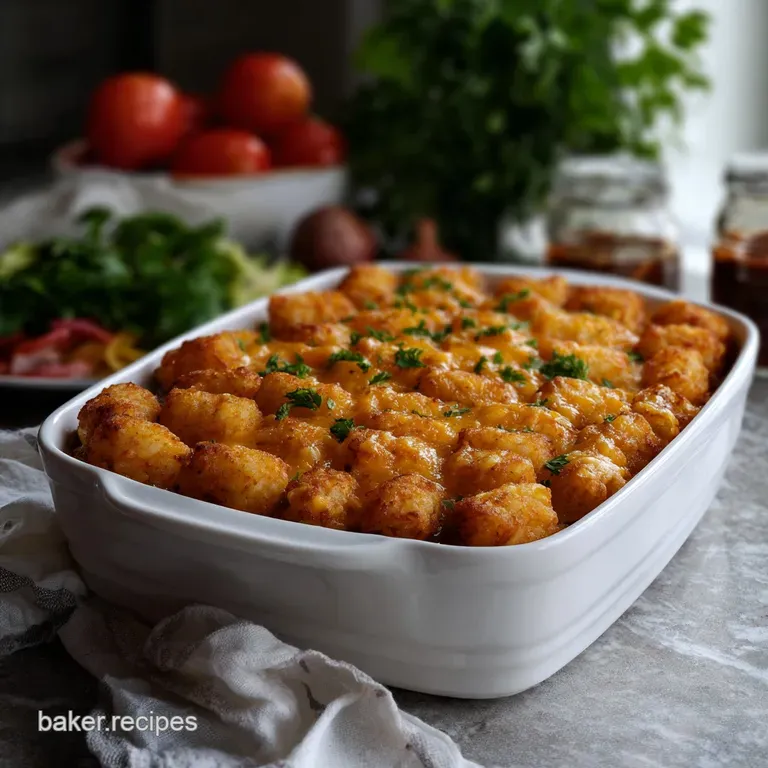 Individual serving of casserole, showcasing a flaky tater tot topping and creamy, cheesy interior with a sprinkle of herbs.