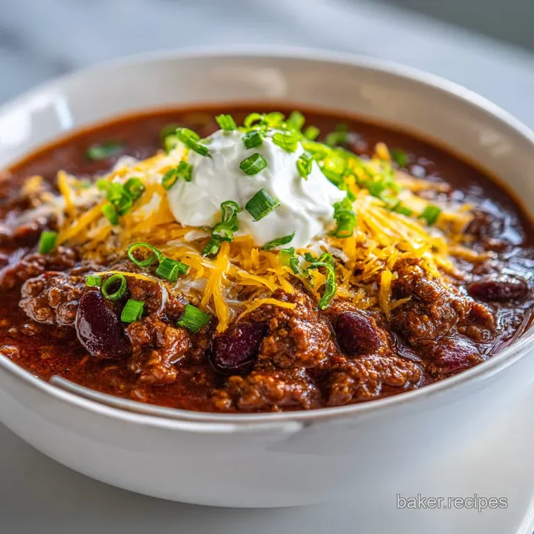 Hearty chili ladled over cornbread, garnished with shredded cheddar and a swirl of sour cream. Rustic, warm comfort food.