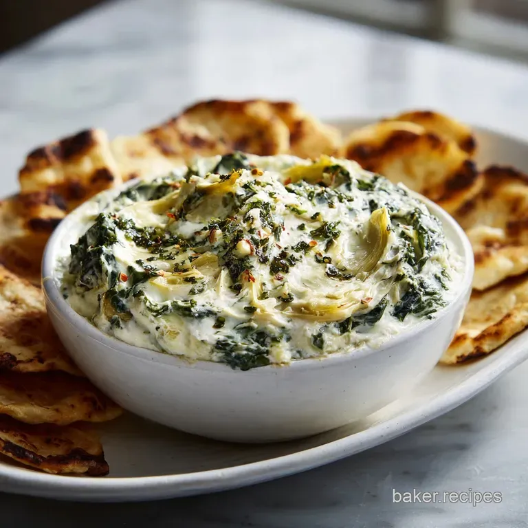 Individual ramekin of hot spinach artichoke dip, garnished with parsley sprig and toasted baguette slices for dipping.