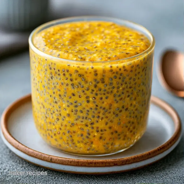 Creamy yellow chia pudding in a clear glass jar layered with bright mango slices and crunchy toasted seeds.