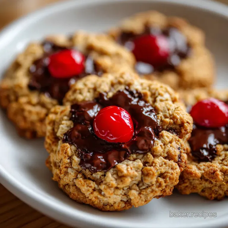 A neat stack of dark cocoa cookies with vibrant red fruit pieces served on a white ceramic plate with a linen napkin