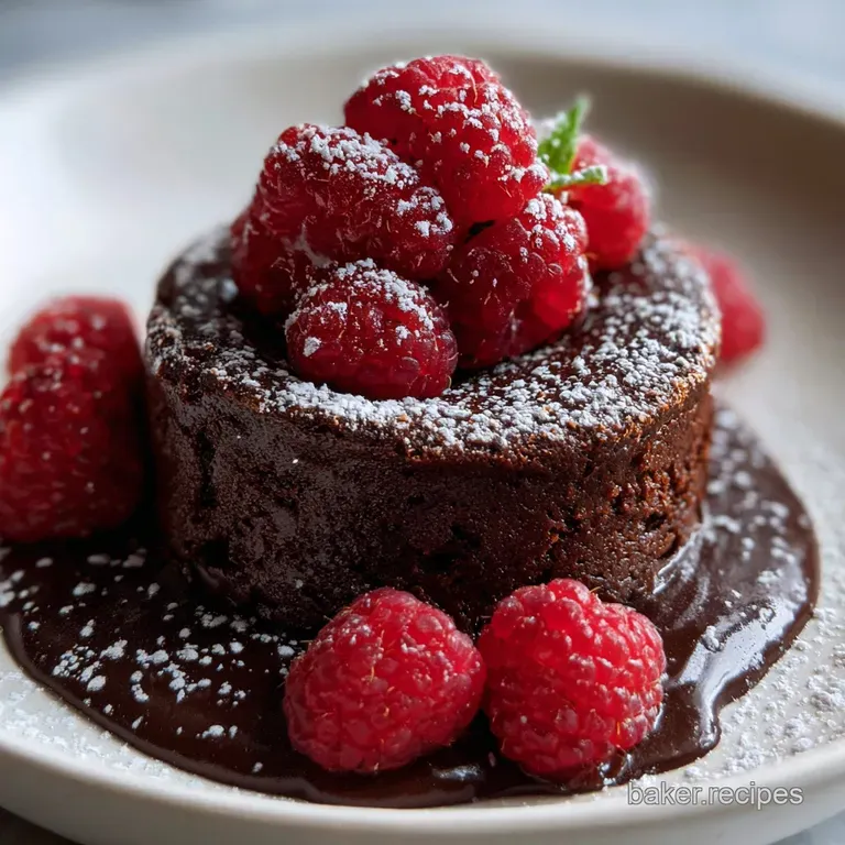 A slice of glossy, dark chocolate raspberry fudge on a white plate dusted with cocoa powder and fresh raspberries.