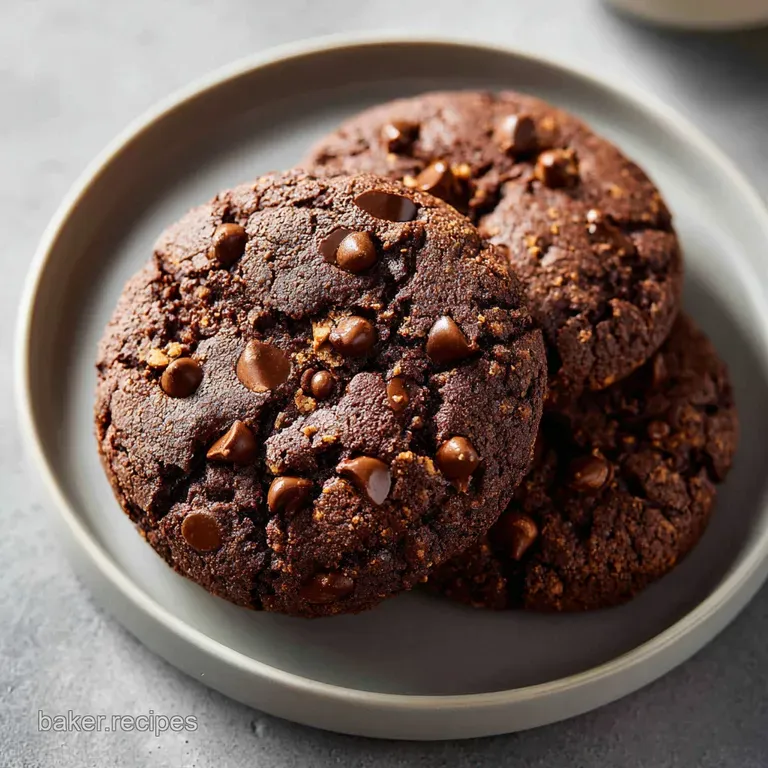 A stack of rich, dark chocolate cookies dusted with powdered sugar, served on a white plate.