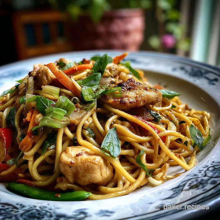 Glossy lo mein noodles artfully twirled on a plate, vibrant with green scallions and red peppers, reflecting ambient light.