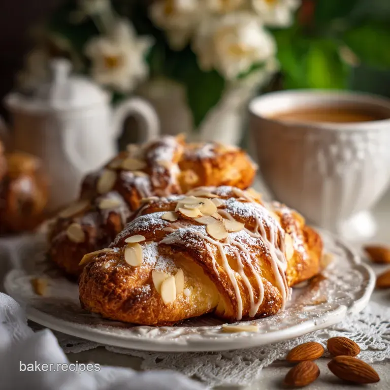 Elegant bear claw pastry, glistening with glaze and scattered almonds, presented on a delicate porcelain plate.