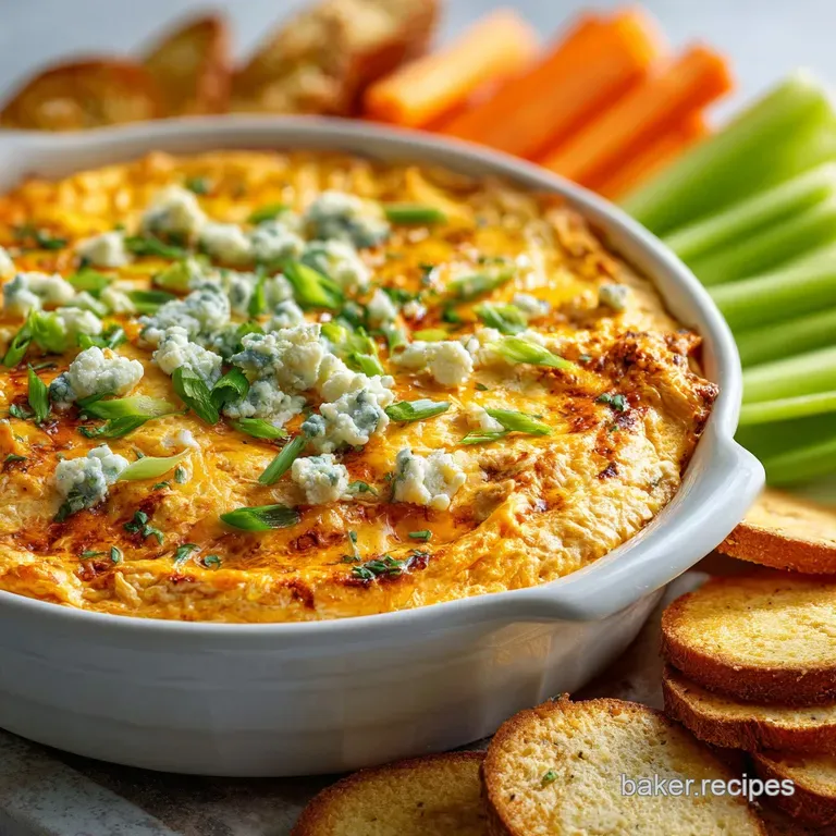 Scoops of creamy buffalo chicken dip served with crisp celery sticks and tortilla chips on a rustic wooden board.