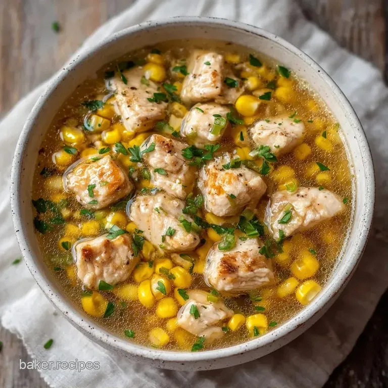 Golden corn soup in a white bowl topped with fresh green parsley and served with a side of warm, crusty bread.