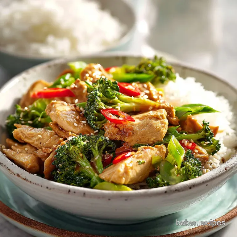 Sleek plate of chicken stir-fry topped with sesame seeds and scallions. The colorful dish is served over fluffy rice.