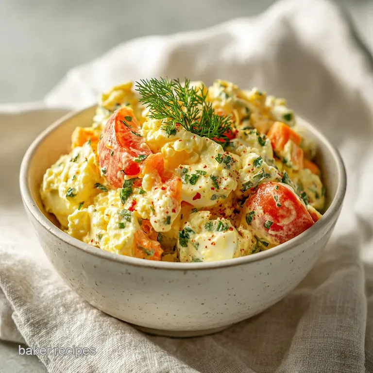 A scoop of fluffy egg salad, vibrant with herbs, nestled on crisp lettuce leaves beside a juicy red tomato slice.