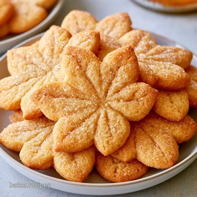 A stack of pale gold cookies on a white ceramic plate beside a steaming mug of coffee and orange autumn leaves.