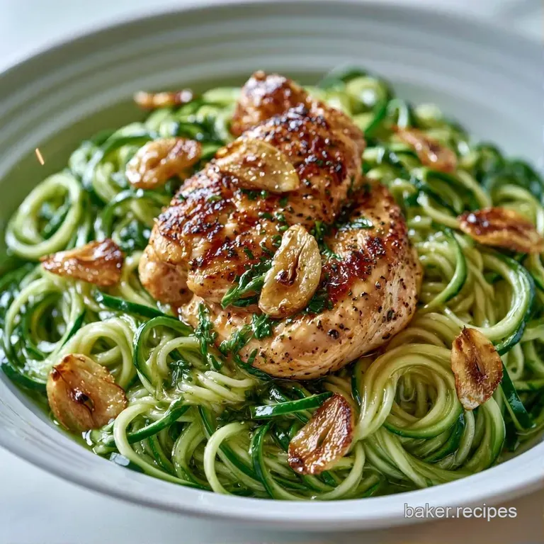 A white ceramic bowl filled with swirling green vegetable noodles topped with fresh basil and zesty lemon peel.