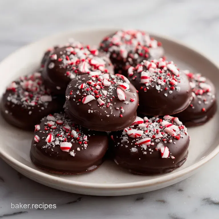 A stack of cool, dark chocolate peppermint patties offset by a scattering of cocoa powder and a delicate mint sprig on a w...