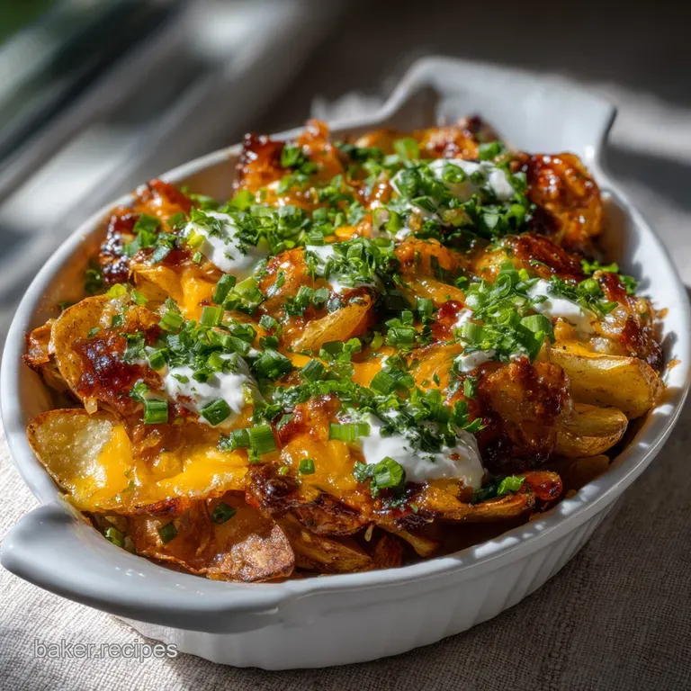 Tidily arranged Irish nachos on a white plate, showcasing layers of crispy potatoes, tender beef, melted cheese, and fresh...