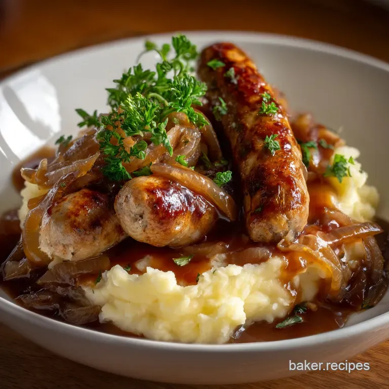 Elegant plate featuring individual bangers and mash bites, arranged artfully with a glossy, dark gravy drizzle. Garnished ...