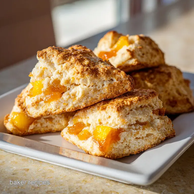 Two golden peach scones stacked on a white ceramic plate, drizzled with a glossy white glaze and fresh mint.
