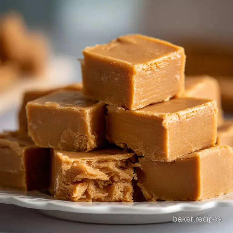 A stack of soft, tan penuche fudge squares on a small plate, hints of coarse sugar, ready to be shared and enjoyed as a tr...