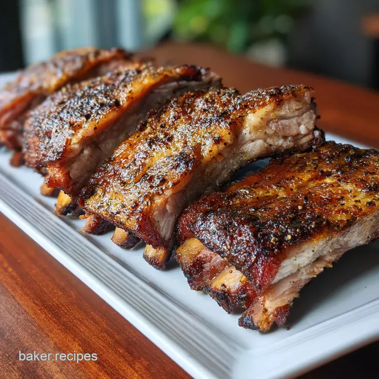 Tender ribs artfully arranged, showcasing a juicy interior. Garnished with fresh herbs and a vibrant, tangy BBQ sauce.