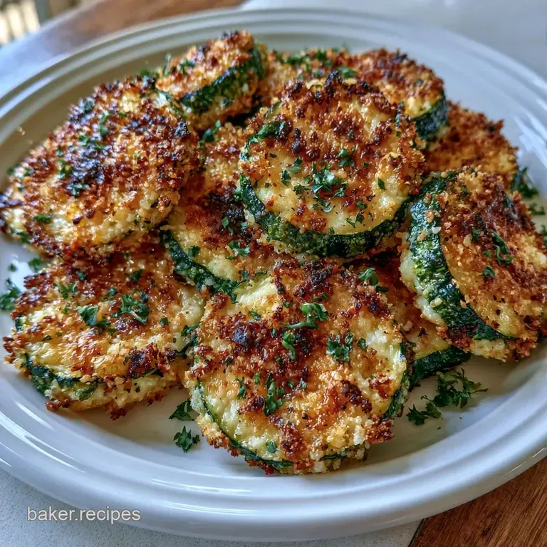 Elegant stack of crisp zucchini rounds with toasted parmesan cheese served on a dark ceramic plate with herbs.