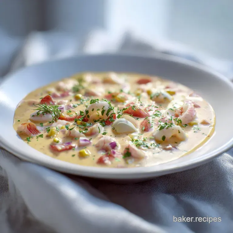 Elegant bowl of steaming seafood chowder with flaky fish, potatoes, and herbs, garnished with fresh parsley and a drizzle ...