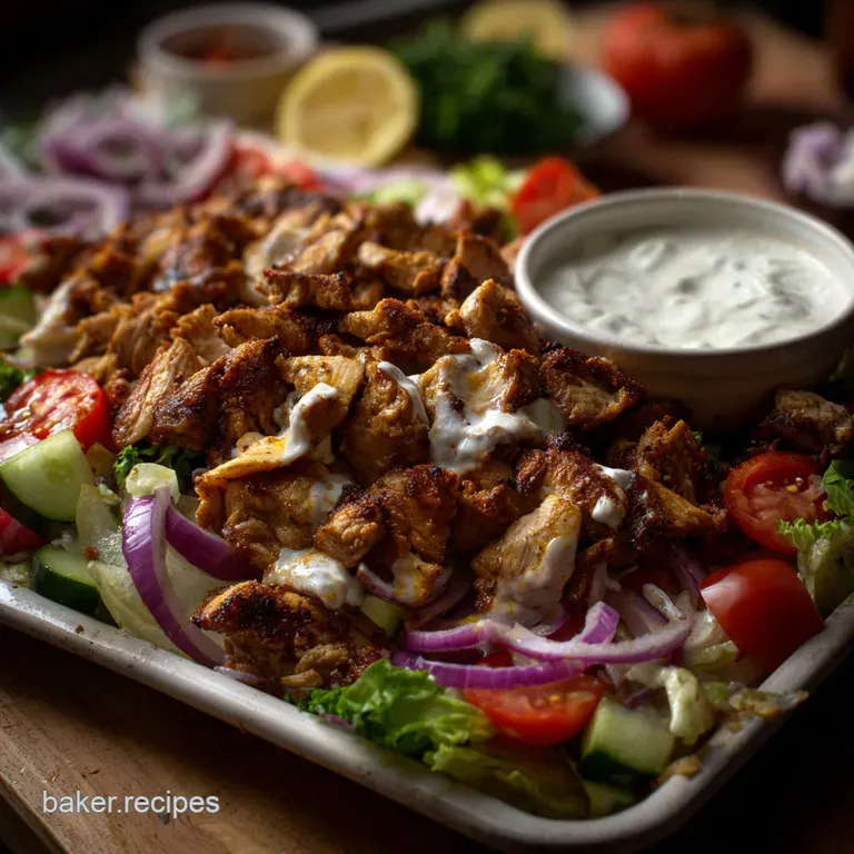 Tender chicken shawarma with vibrant red peppers and onions, a sprinkle of herbs, and warm, inviting colors.