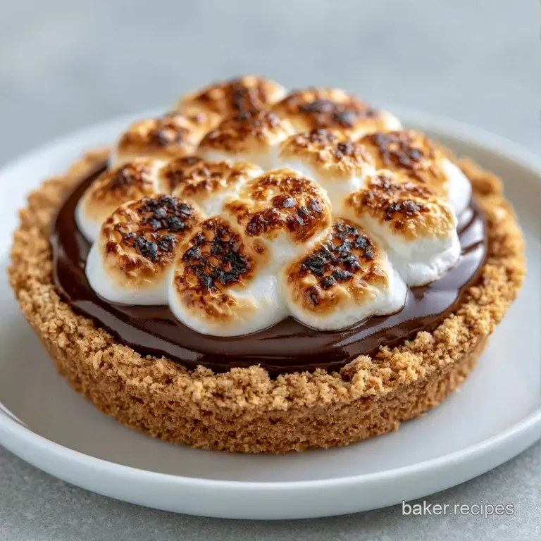 A slice of toasted marshmallow tart on a white ceramic plate, showcasing layers of chocolate and crumbly crust.