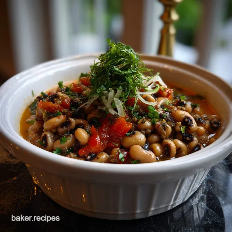 Elegant white bowl with a portion of black-eyed peas, a swirl of olive oil, and a sprinkle of fresh parsley, vibrant and i...
