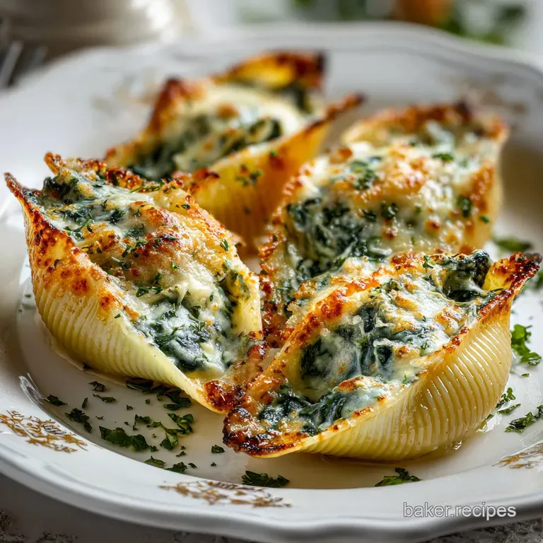 Three plump stuffed shells glistening with sauce, artfully plated with a vibrant green basil garnish, hinting at a comfort...