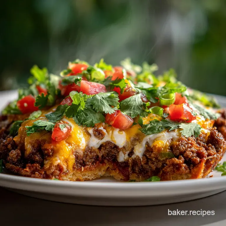 Individual taco bake portion, artfully plated. Creamy cheese oozes, contrasting with the crisp, golden crust. A visually a...