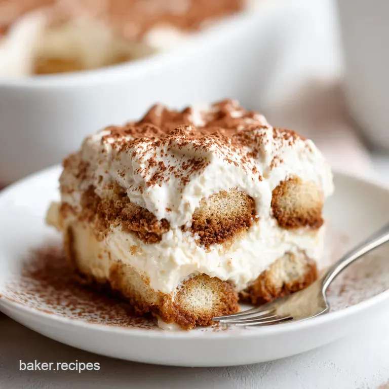 A delicate slice of tiramisu poke cake, showcasing fluffy mascarpone and moist cake.