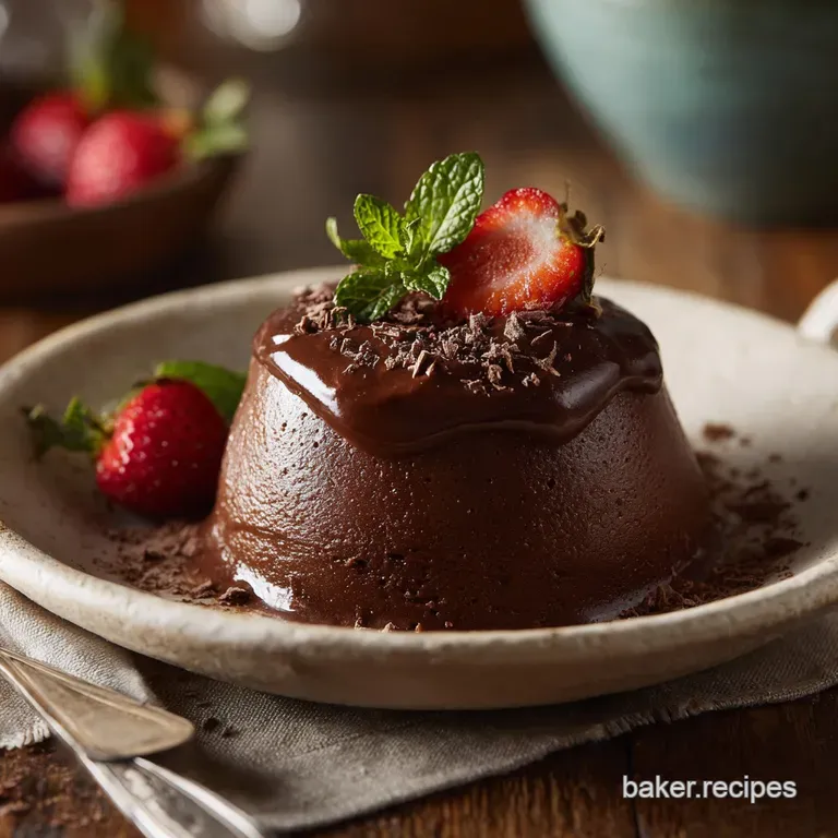 Glossy, dark chocolate mousse piped artfully into a glass, garnished with chocolate shavings and a bright green mint leaf.