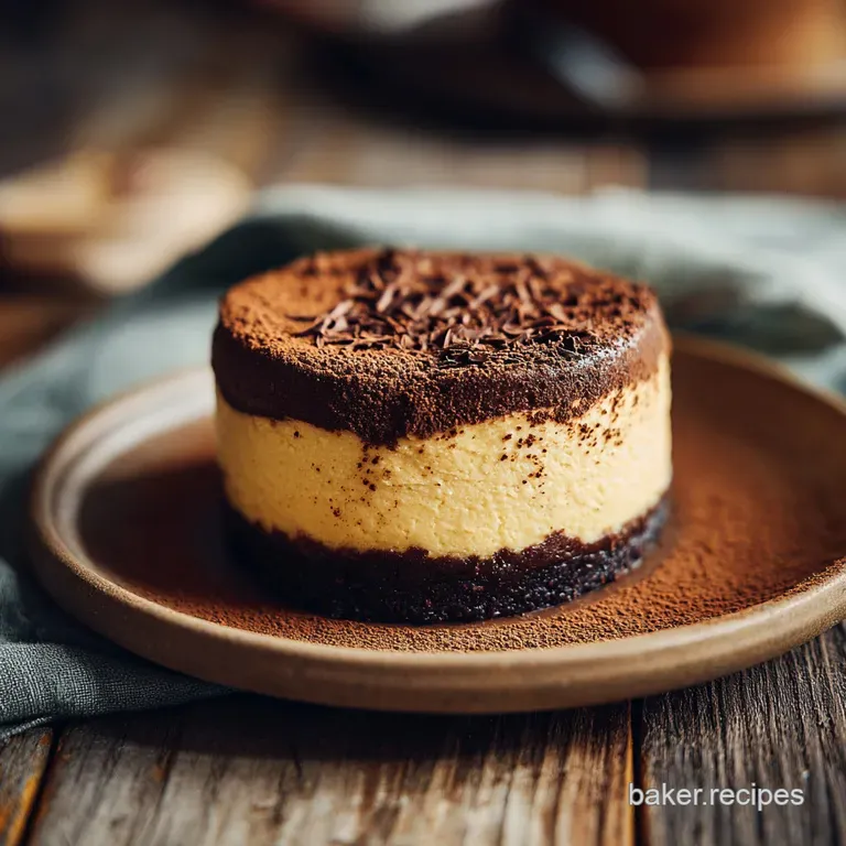Slice of espresso cheesecake with a dusting of cocoa powder, artfully presented with coffee beans and a sprig of fresh mint.