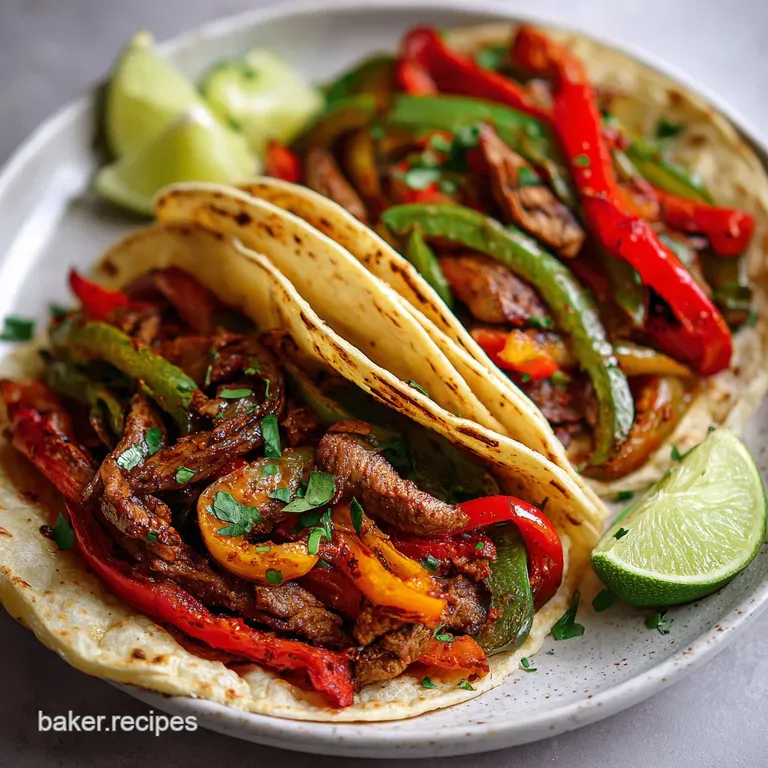 Perfectly arranged fajitas. The vibrant peppers and onions cascade invitingly over the glistening, grilled meat on a white...