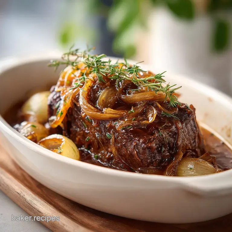 Tender pot roast shreds nestled on creamy mashed potatoes, glistening with pan juices and topped with sweet, browned onion...