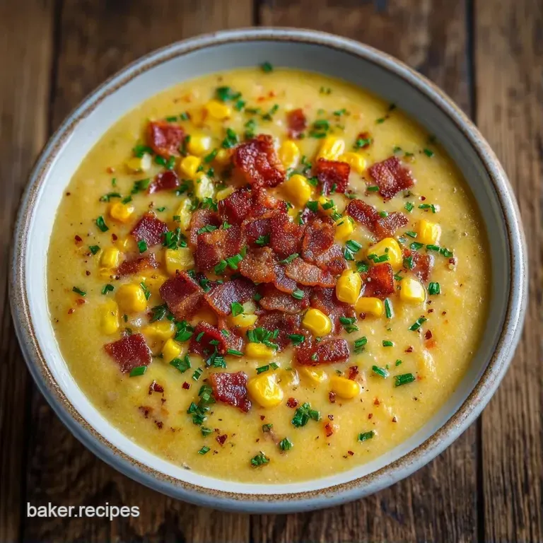 A white porcelain bowl filled with golden creamy soup, topped with crispy brown bacon and a sprig of green parsley.