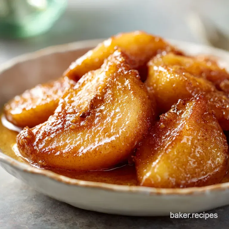 Golden-brown fried apples with a cinnamon dusting served in a rustic bowl with a dollop of cream; a warm and inviting dess...