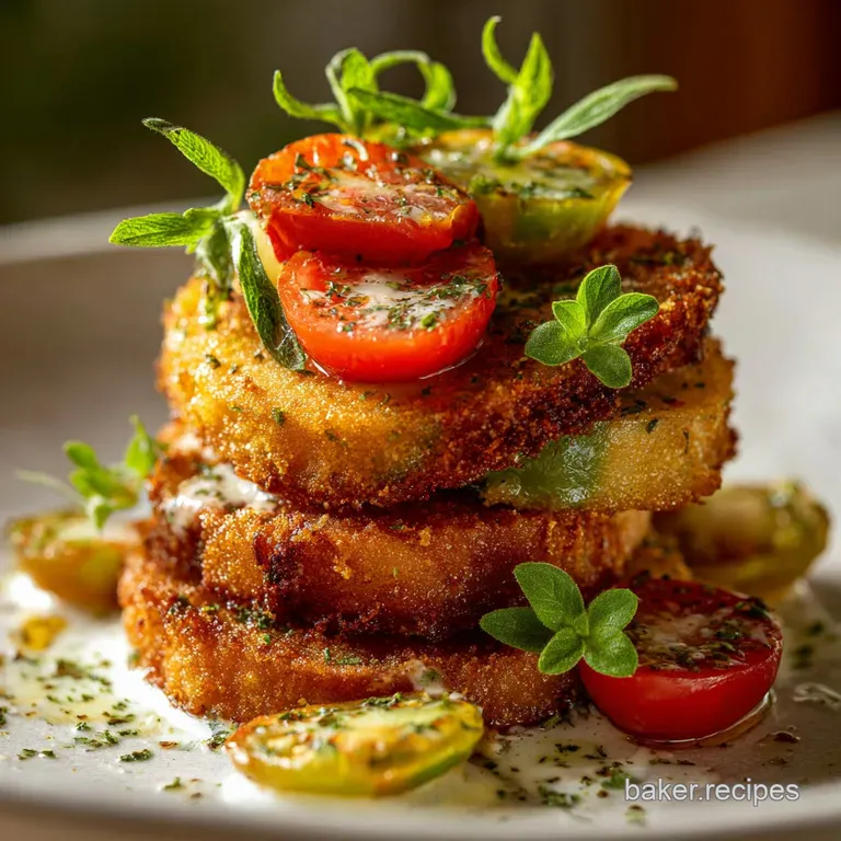 Stacks of vibrant green fried tomatoes, lightly browned, resting on white plate. Sprinkled with coarse salt, hint of cream...