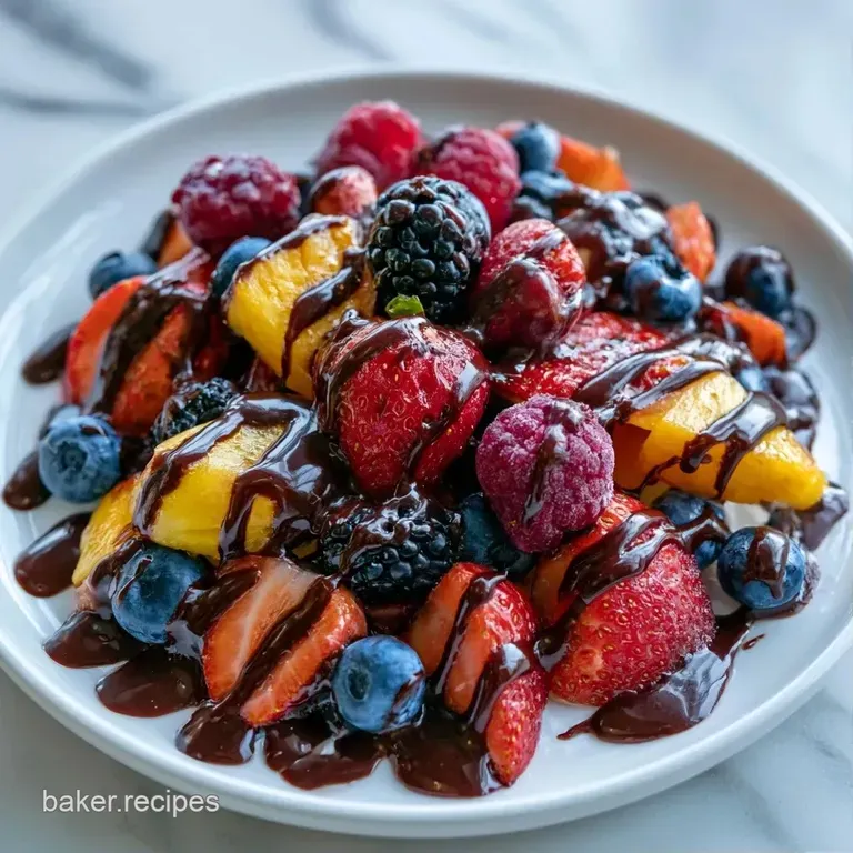 Assorted chocolate-covered frozen berries arranged on a white marble platter with mint leaves and fresh raspberries.
