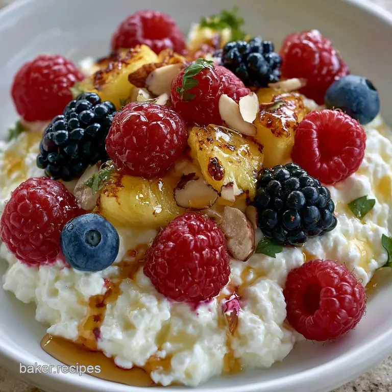 A white porcelain dish with a scoop of fluffy white cheese surrounded by a rainbow of sliced fresh summer fruits.