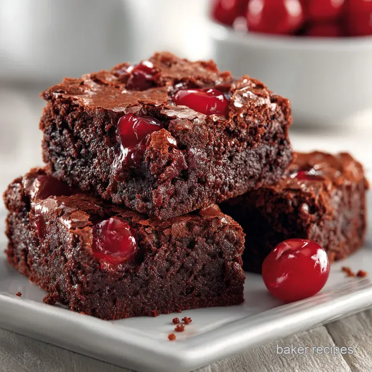 A single cherry brownie bar on a white plate, dusted with powdered sugar, showcasing the moist interior and vibrant cherry...