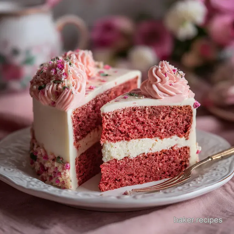 Slice of tender cake with smooth, pale pink frosting and festive heart candies served on a delicate floral plate.