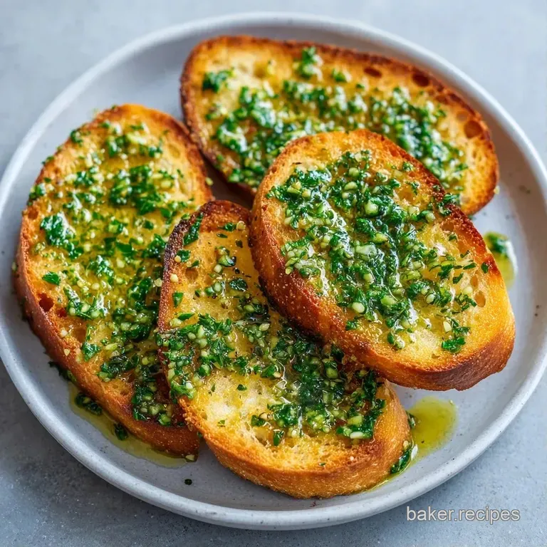 Crisp, golden baguette slices arranged elegantly on a slate board, topped with melted butter and chopped herbs.