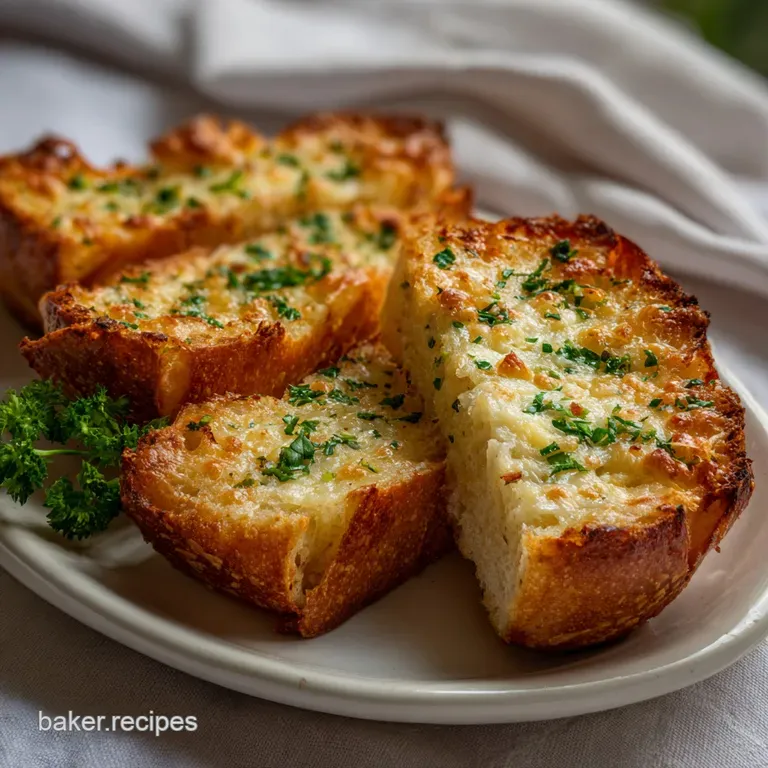 Sliced garlic cheese bread, warm and golden, piled on a wooden board. A tempting appetizer with toasted perfection.