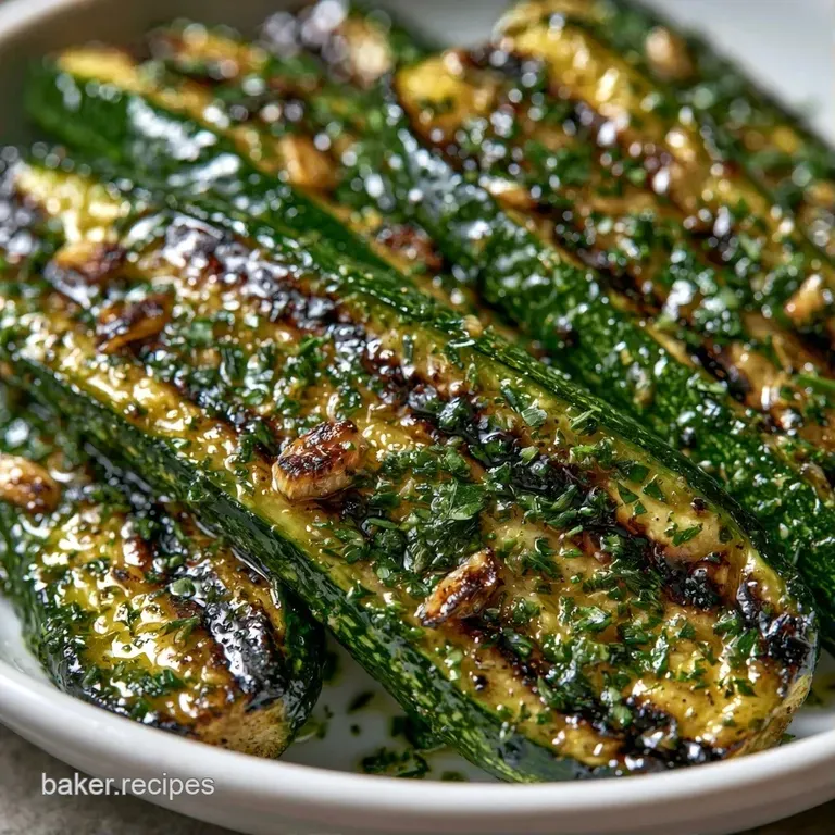 Neatly stacked green zucchini slices with golden char marks, garnished with herbs on a minimalist ceramic plate.