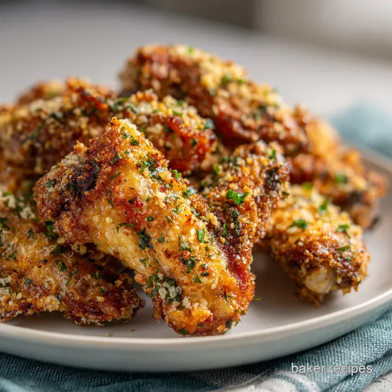 A small pile of garlic parmesan wings are stacked on a white plate, drizzled with sauce, next to a bowl of dipping sauce.