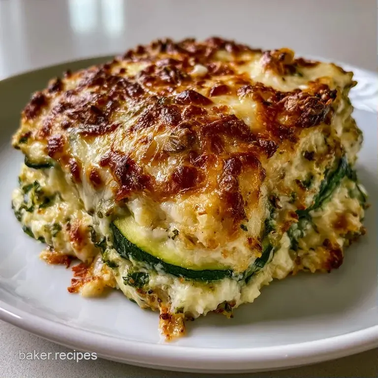 A neat square slice of cheesy zucchini bake on a white plate, topped with chopped parsley and a lemon wedge.