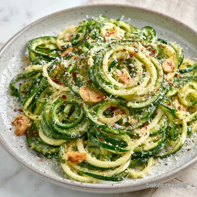 Twirled bright green vegetable noodles in a white ceramic bowl, topped with melted cheese and golden garlic bits.