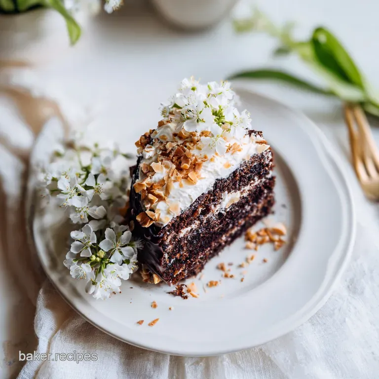 A decadent slice of chocolate cake on a white plate, showcasing fluffy coconut and toasted pecans.