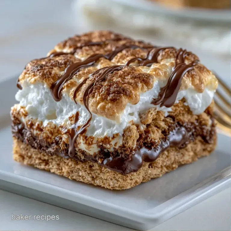 Squares of gooey dessert bars stacked neatly on a white platter, showing toasted marshmallow and dark chocolate.
