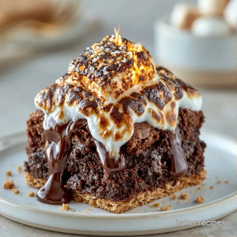 A slice of fudgey chocolate cake with toasted marshmallow and a crumbly golden crust on a white ceramic plate.